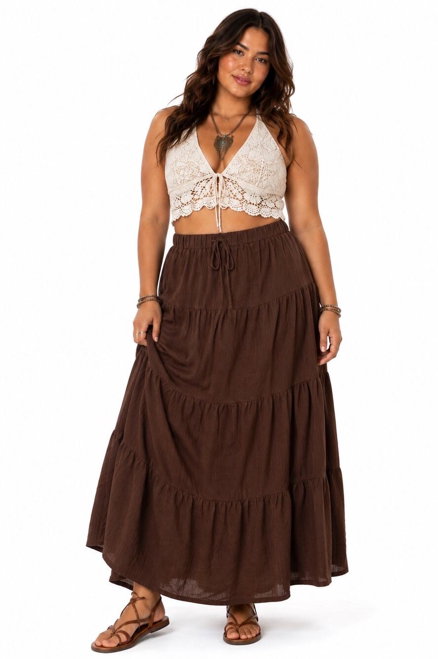Brown Elastic Waist Tiered A-Line Prairie Maxi Skirt w/ Decorative Waist Tie